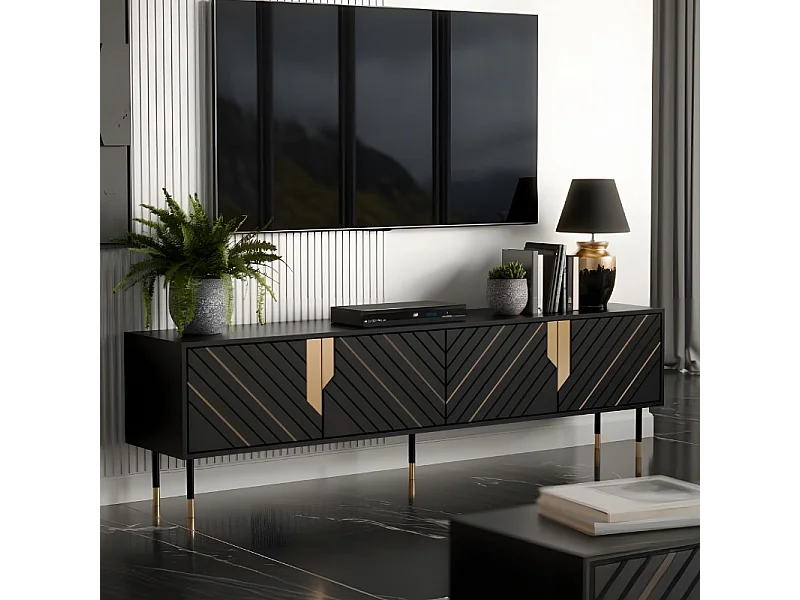 Meuble télé noir et doré 4 portes 200 cm Cardona
