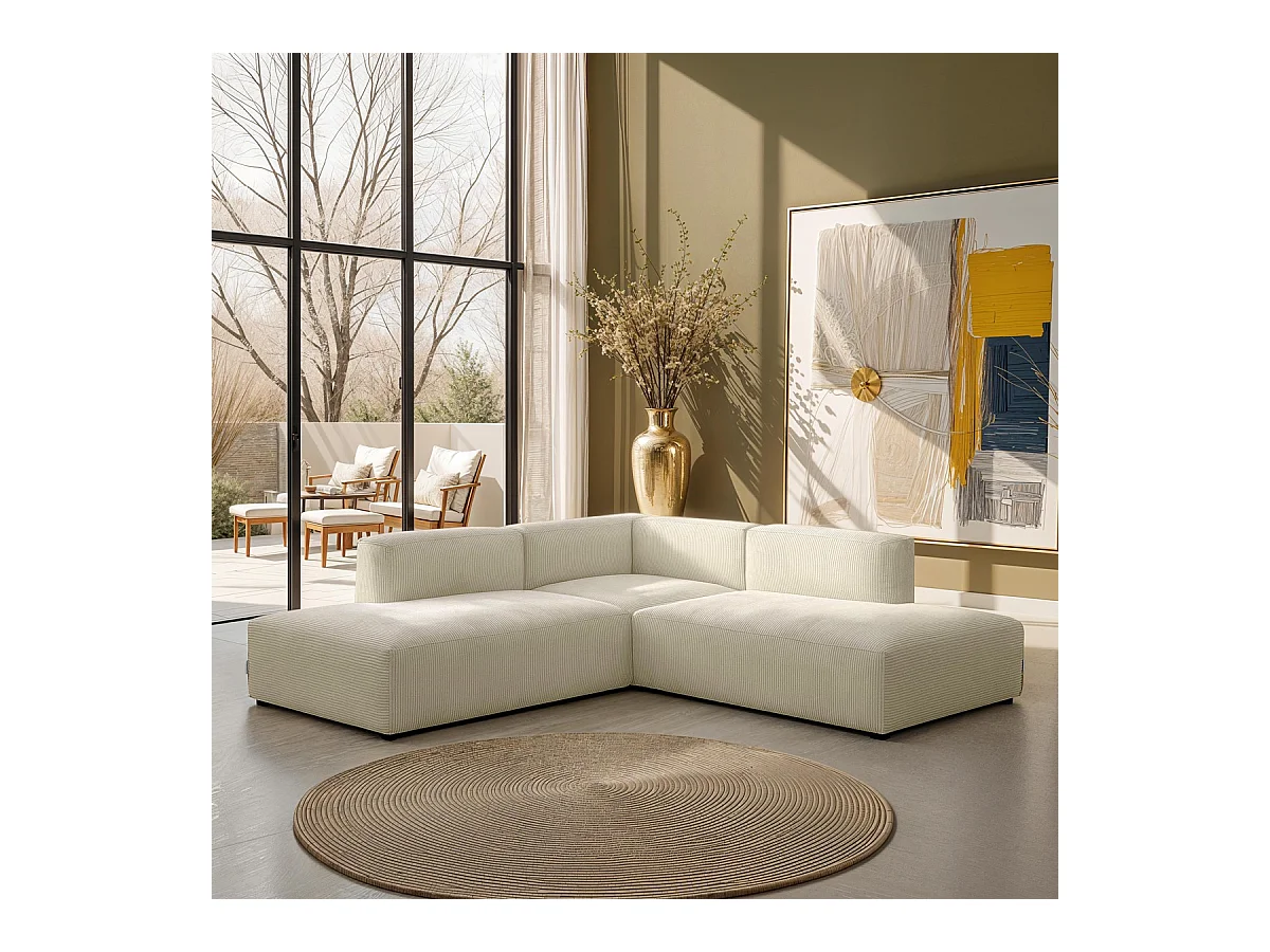 Canapé d'angle modulable réversible 5 places en velours côtelé beige - Modulo