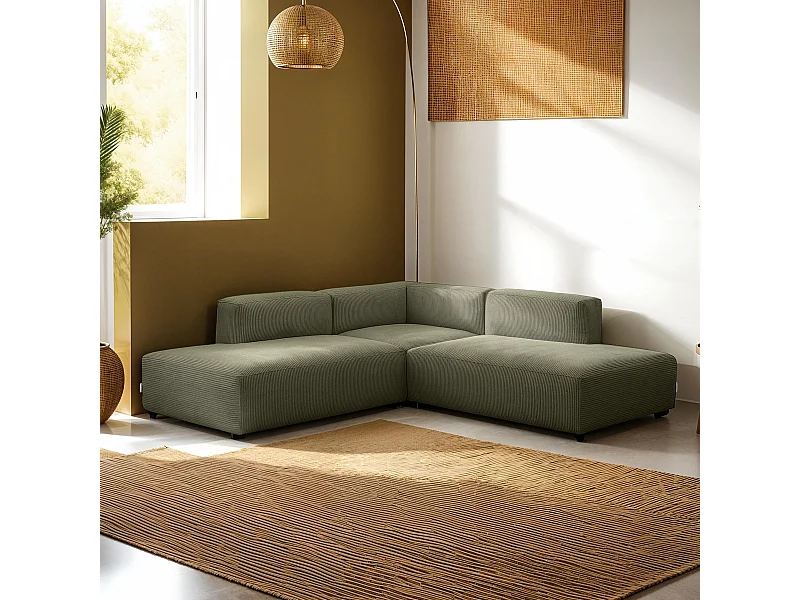 Canapé d'angle modulable réversible 5 places en velours côtelé vert kaki - Modulo