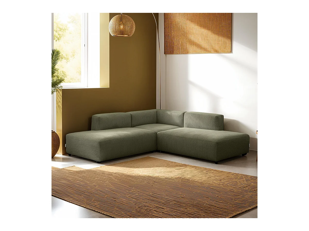 Canapé d'angle modulable réversible 5 places en velours côtelé vert kaki - Modulo