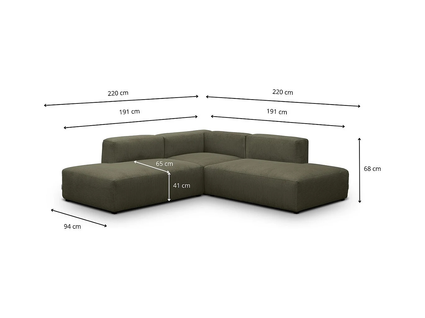 Canapé d'angle modulable réversible 5 places en velours côtelé vert kaki - Modulo