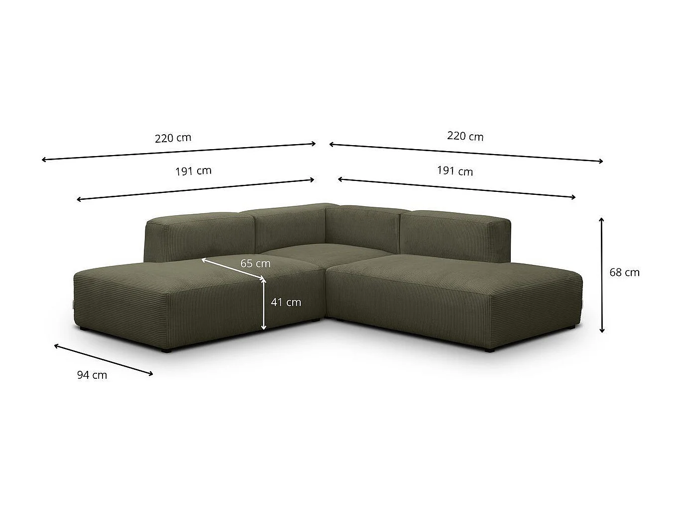 Canapé d'angle modulable réversible 5 places en velours côtelé vert kaki - Modulo