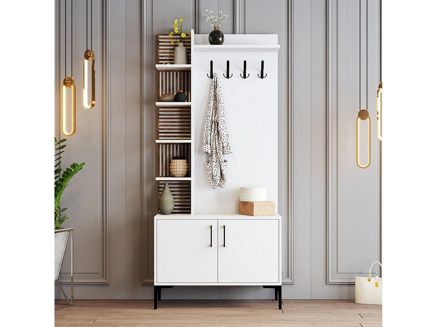 Portemanteaux avec étagères Vicente L90xH200cm Blanc et Bois foncé