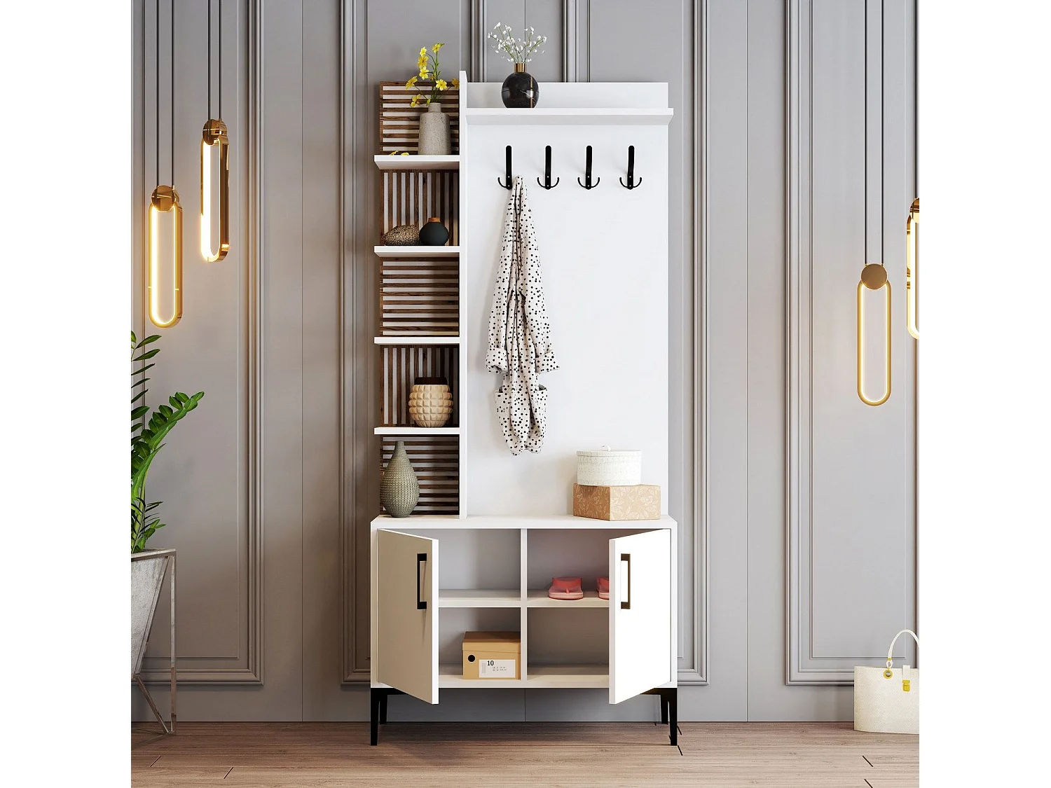 Portemanteaux avec étagères Vicente L90xH200cm Blanc et Bois foncé