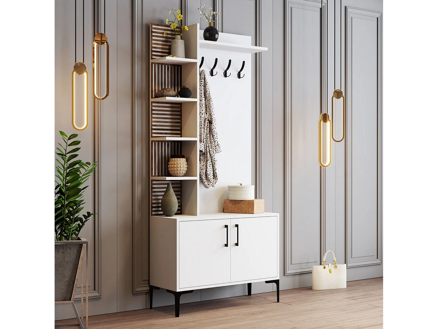 Portemanteaux avec étagères Vicente L90xH200cm Blanc et Bois foncé