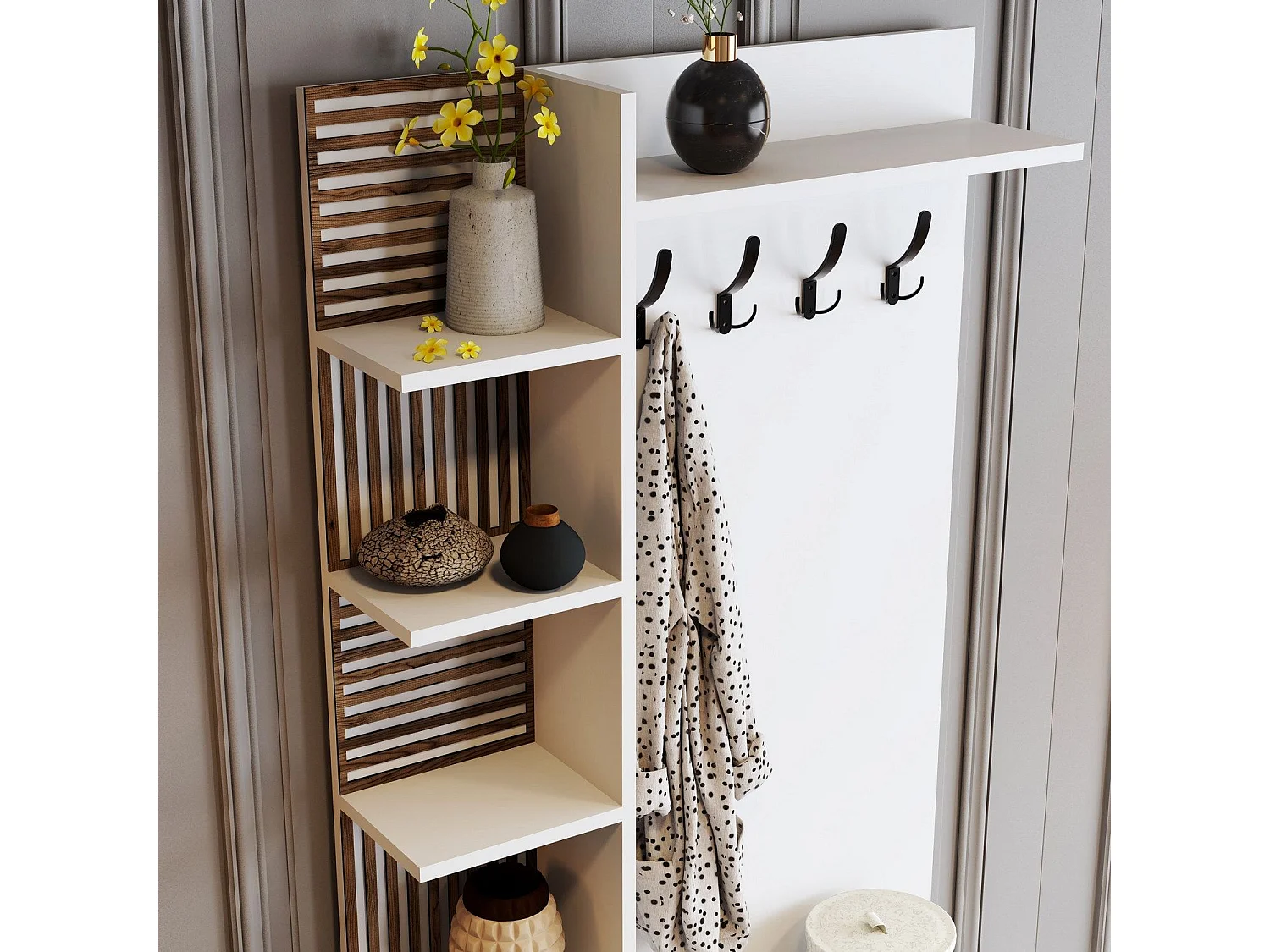 Portemanteaux avec étagères Vicente L90xH200cm Blanc et Bois foncé