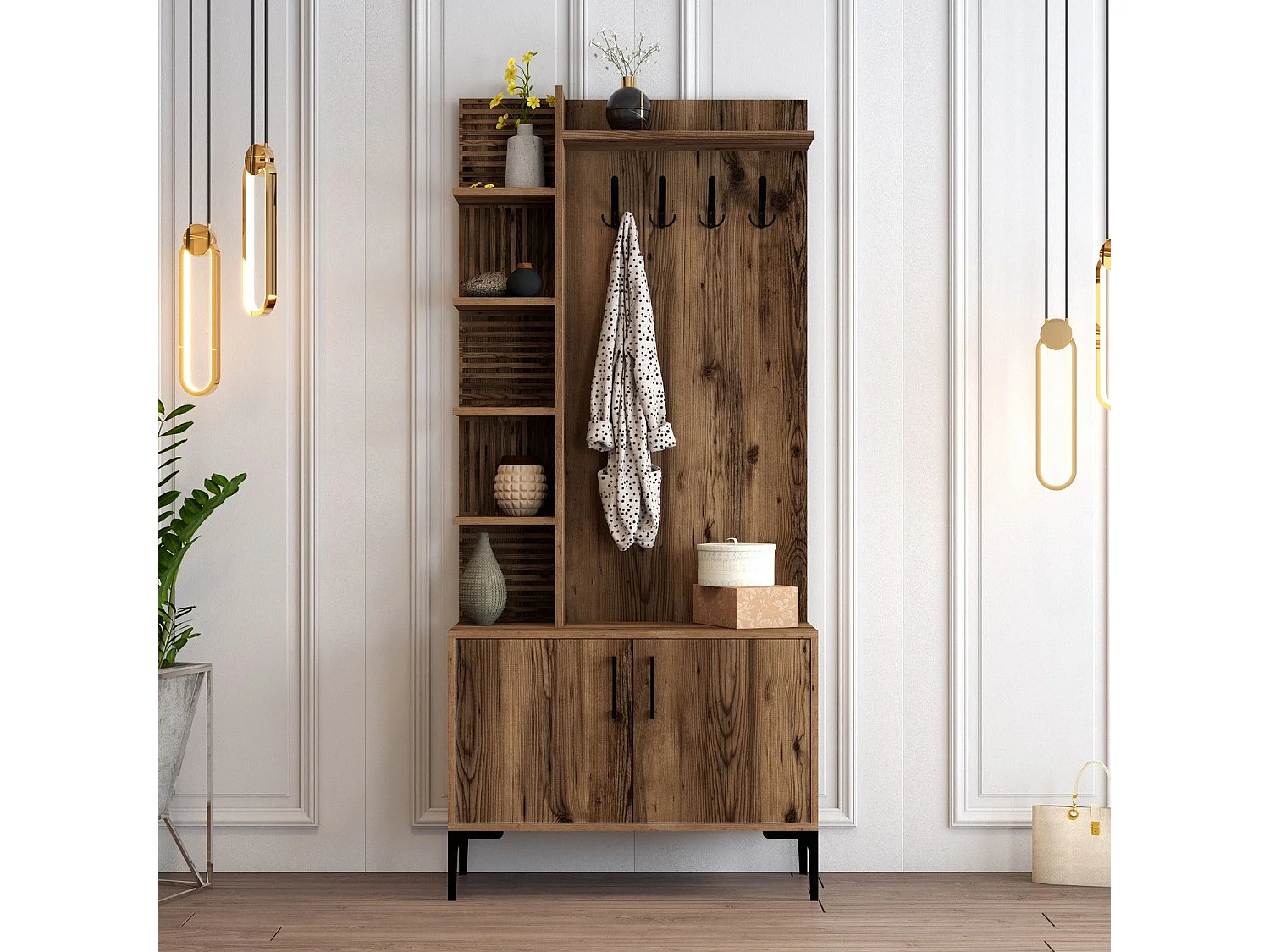 Portemanteaux avec étagères Vicente L90xH200cm Bois foncé