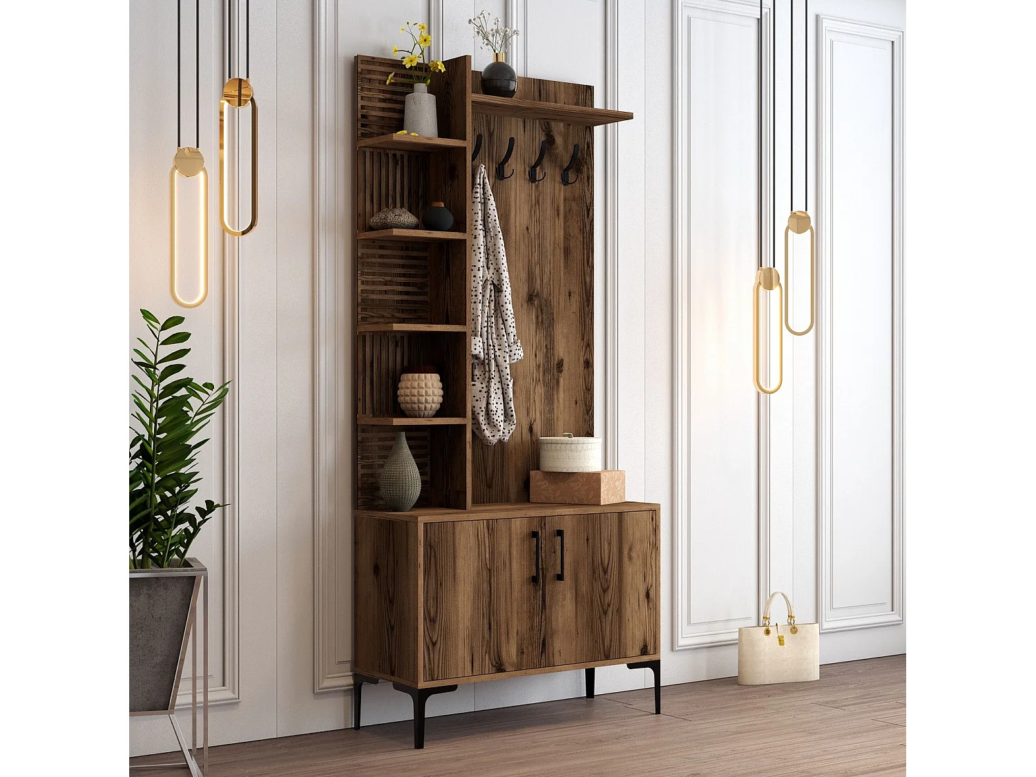 Portemanteaux avec étagères Vicente L90xH200cm Bois foncé