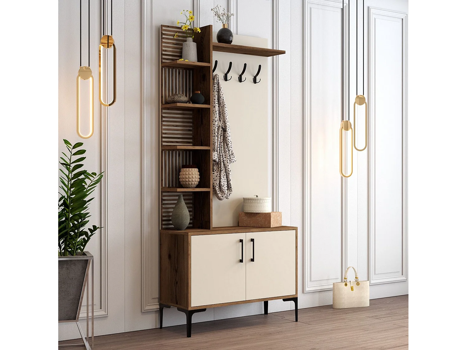 Portemanteaux avec étagères Vicente L90xH200cm Bois foncé et Blanc crème