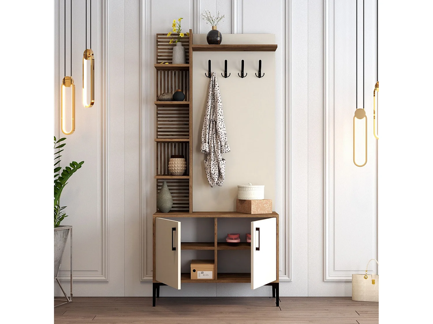 Portemanteaux avec étagères Vicente L90xH200cm Bois foncé et Blanc crème