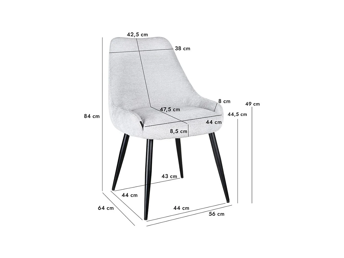 Chaise en tissu doux gris clair avec pieds métal noir – TARA
