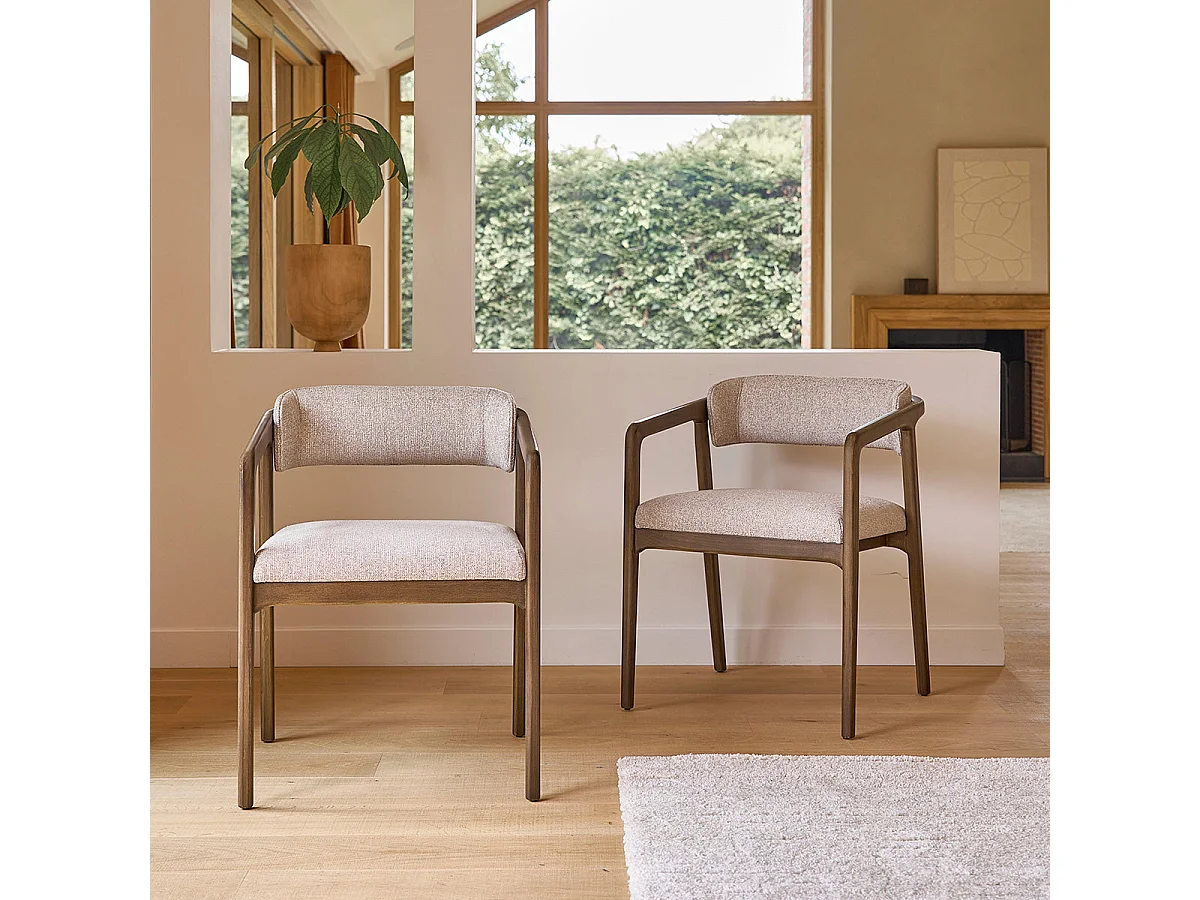 Lote de 2 sillas de madera maciza y tejido con textura beige chiné
