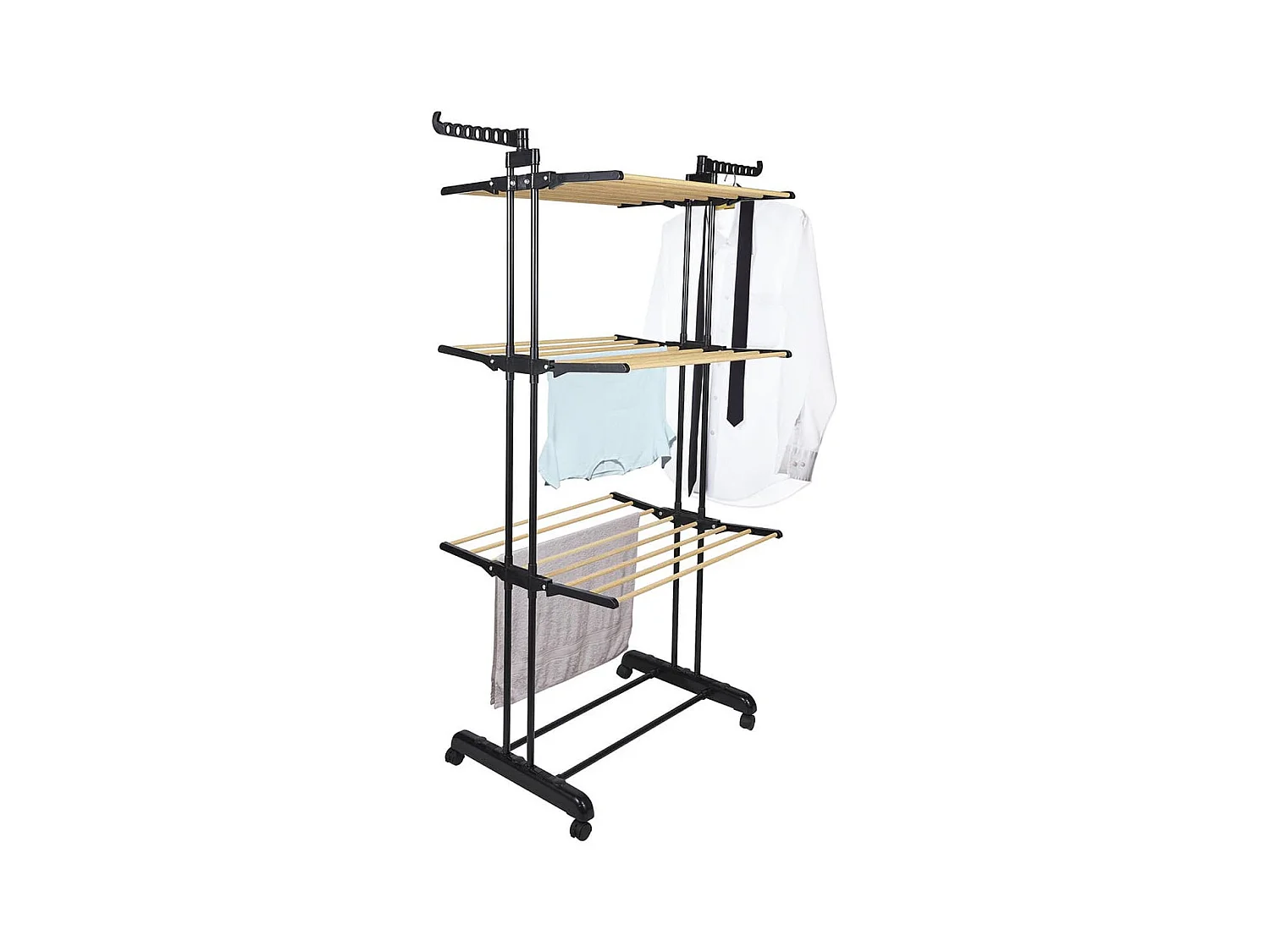 Etendoir Pliable à Roulettes 3 Niveaux Coloris Noir et Effet Bois - LINEO