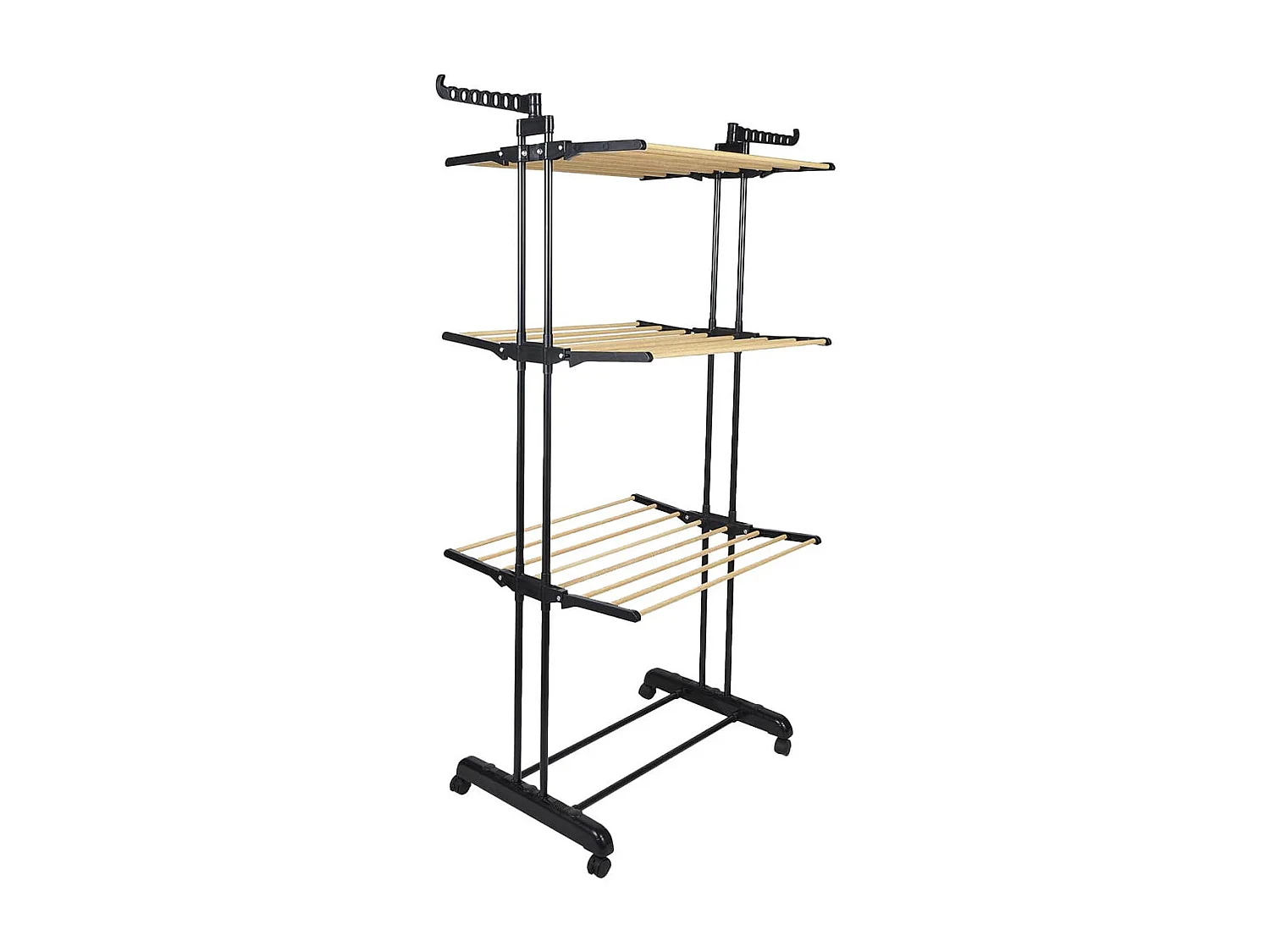 Etendoir Pliable à Roulettes 3 Niveaux Coloris Noir et Effet Bois - LINEO
