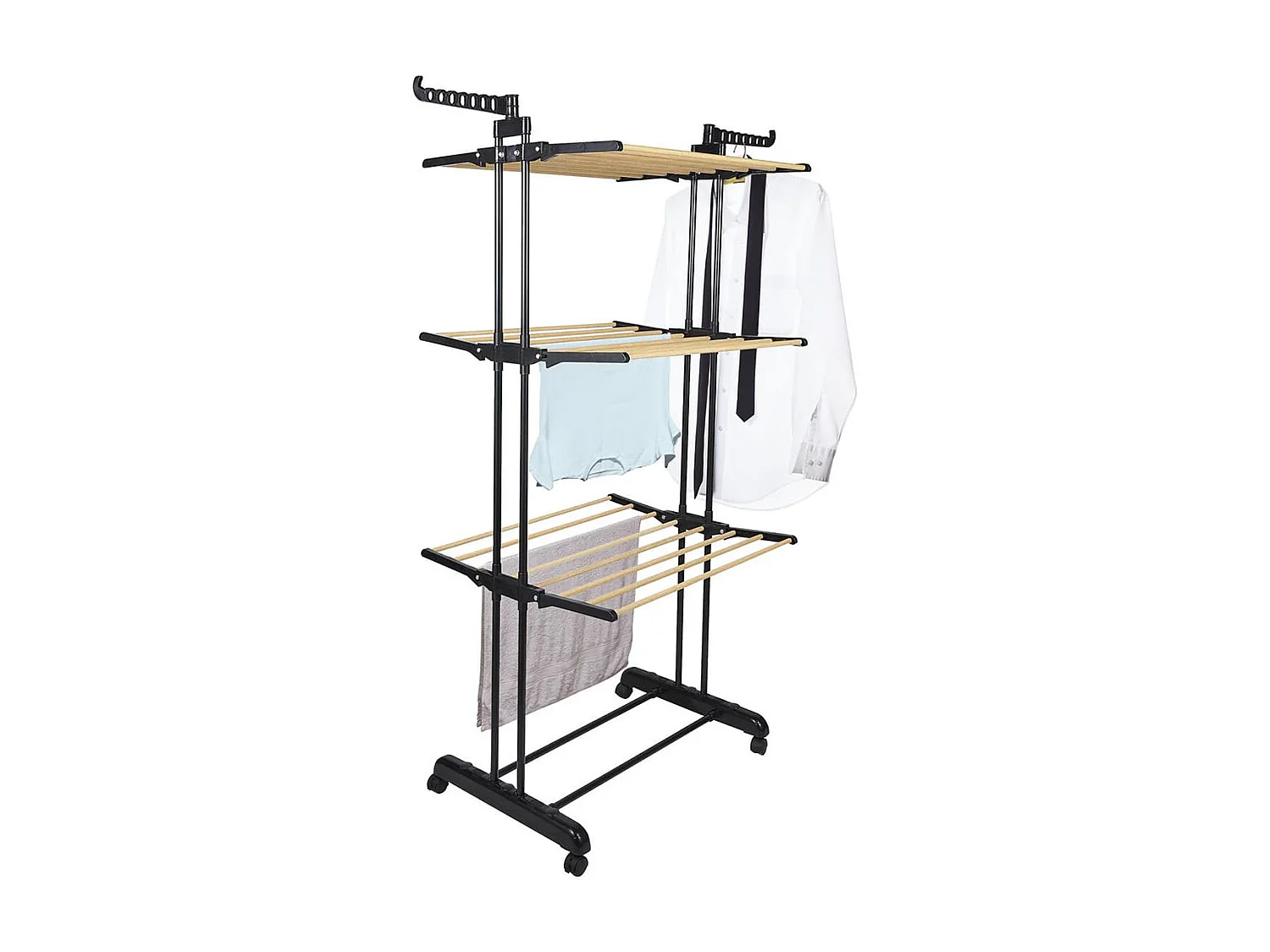 Etendoir Pliable à Roulettes 3 Niveaux Coloris Noir et Effet Bois - LINEO
