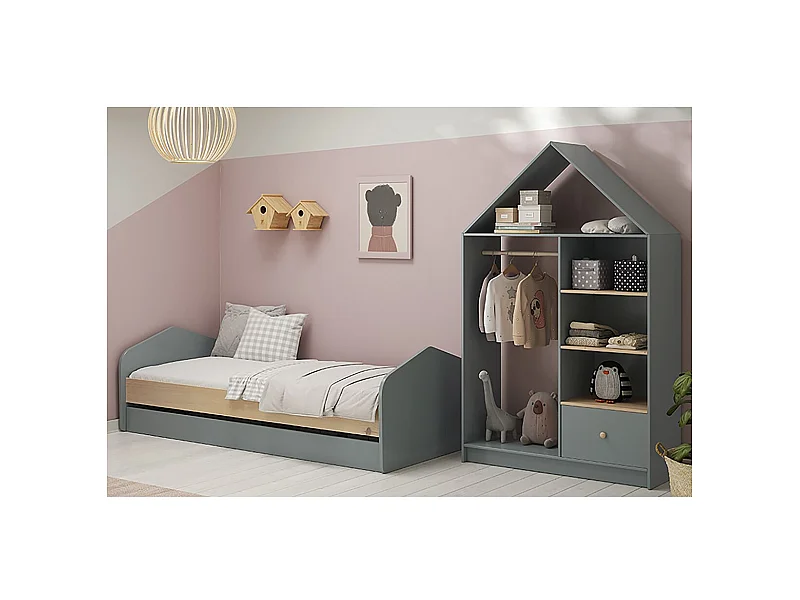 KAINA - Pack Lit 90x200cm avec Tiroir + Dressing Cabane Coloris Gris et Naturel