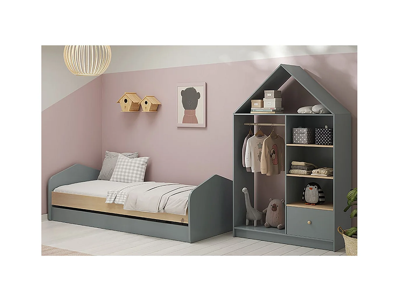 KAINA - Pack Lit 90x200cm avec Tiroir + Dressing Cabane Coloris Gris et Naturel