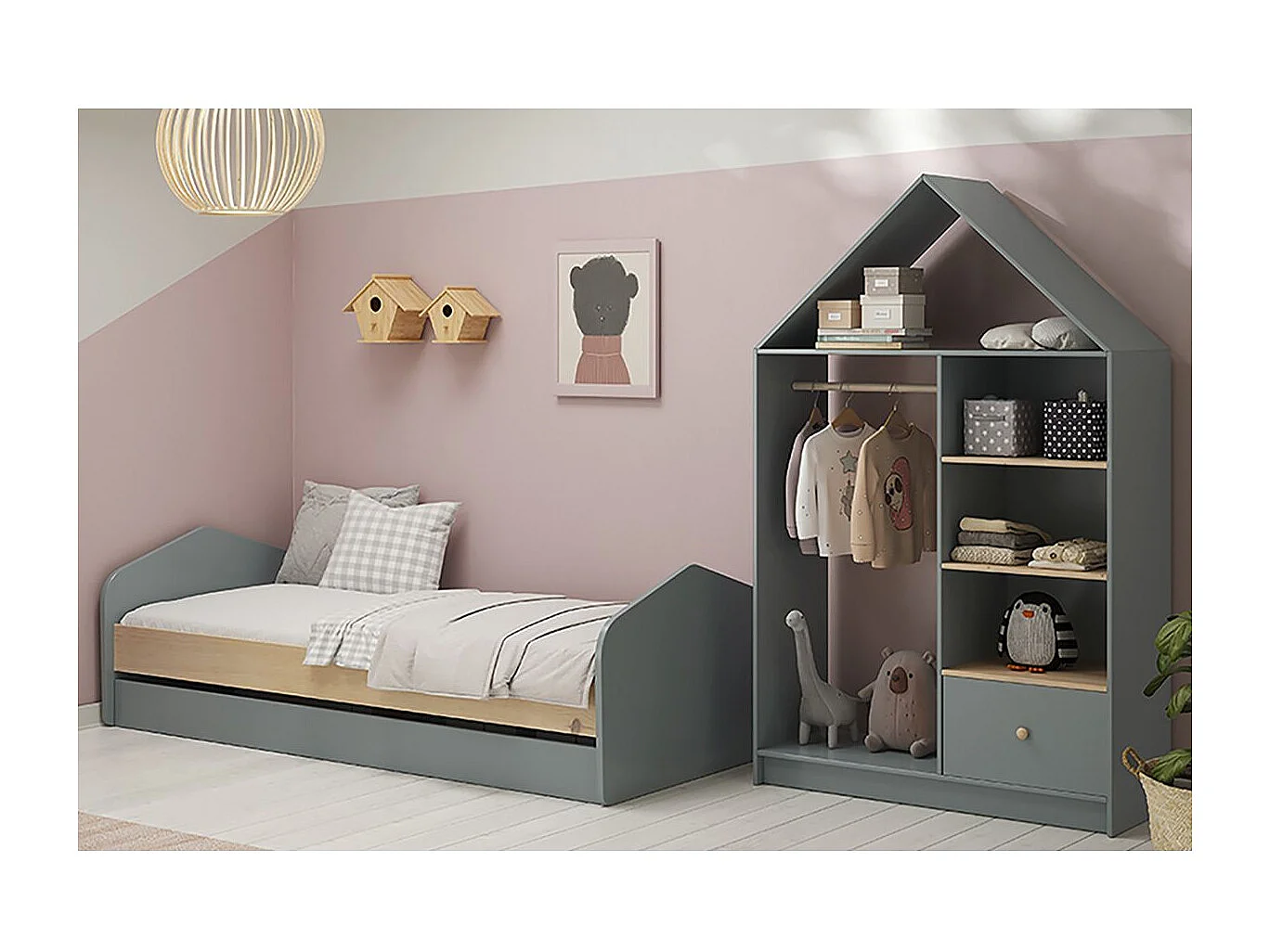 KAINA - Pack Lit 90x200cm avec Tiroir + Dressing Cabane Coloris Gris et Naturel