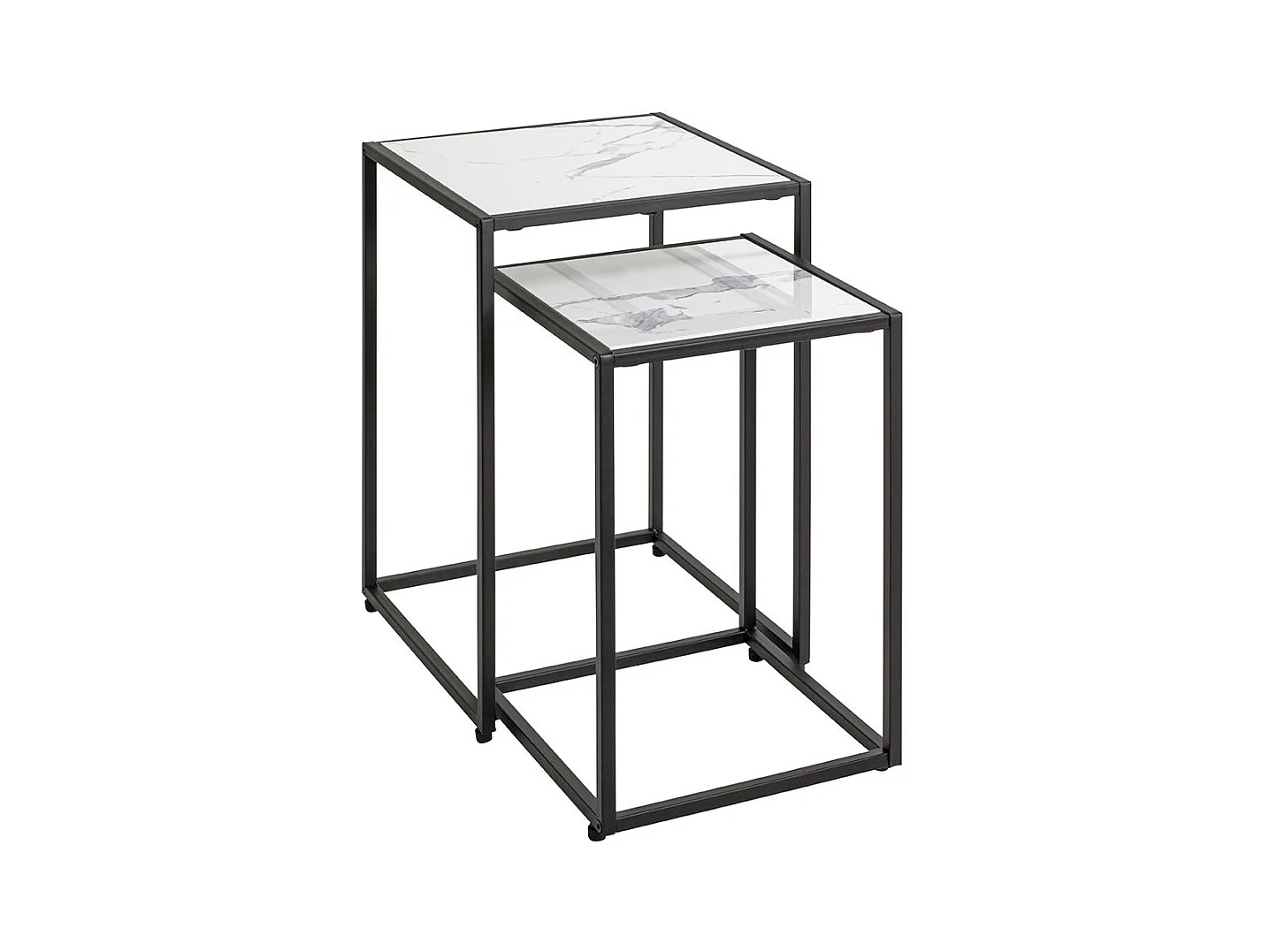Lot de 2 tables d'appoint surface imitation marbre blanc et structure en métal Noir