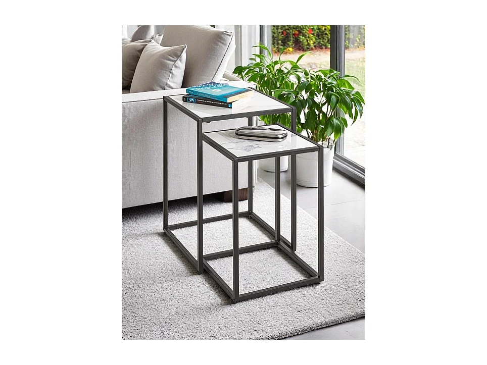 Lot de 2 tables d'appoint surface imitation marbre blanc et structure en métal Noir