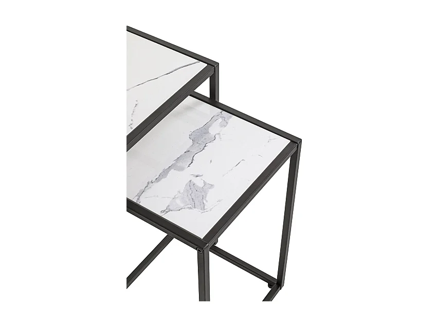 Lot de 2 tables d'appoint surface imitation marbre blanc et structure en métal Noir