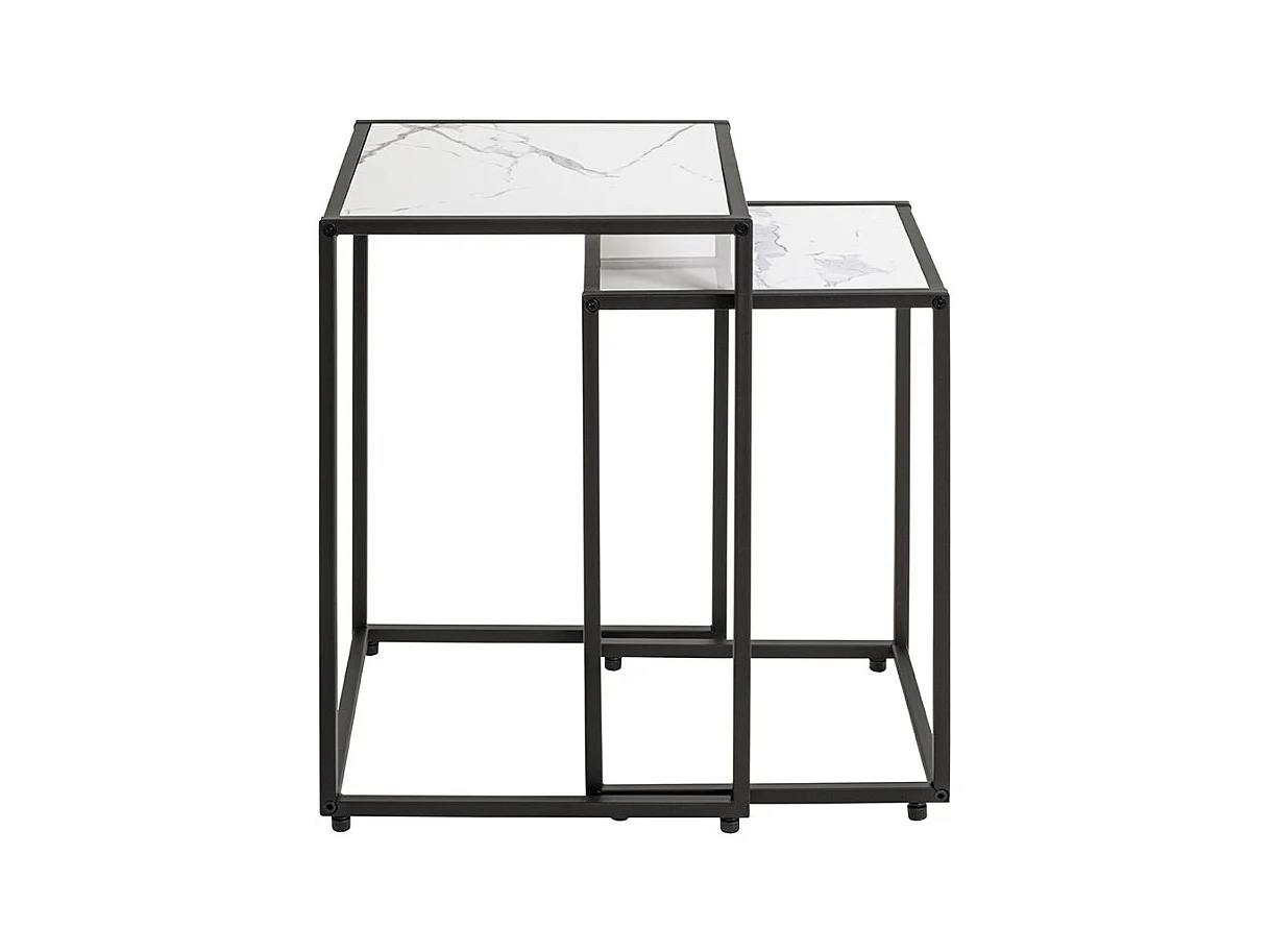 Lot de 2 tables d'appoint surface imitation marbre blanc et structure en métal Noir