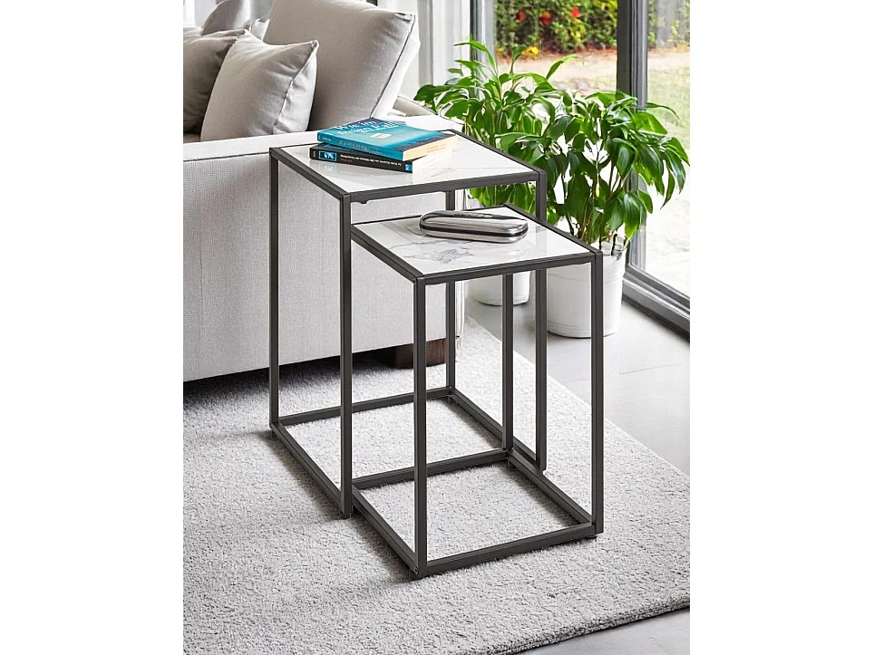 Lot de 2 tables d'appoint surface imitation marbre blanc et structure en métal Noir