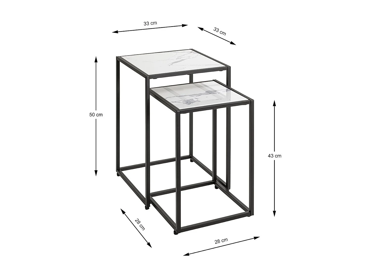 Lot de 2 tables d'appoint surface imitation marbre blanc et structure en métal Noir
