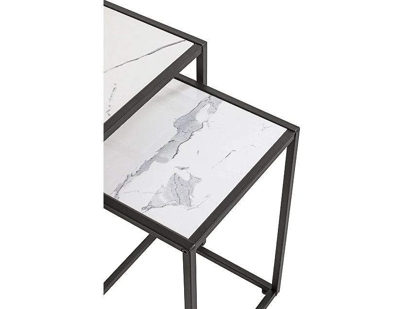 Lot de 2 tables d'appoint surface imitation marbre blanc et structure en métal Noir