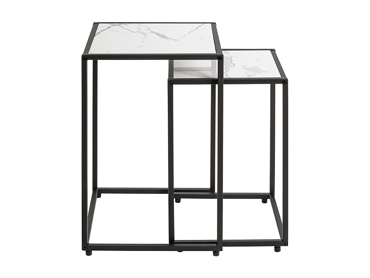 Lot de 2 tables d'appoint surface imitation marbre blanc et structure en métal Noir