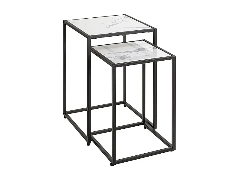 Lot de 2 tables d'appoint surface imitation marbre blanc et structure en métal Noir