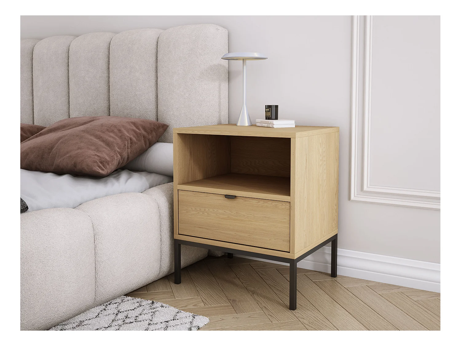 Nachtkastje met lade en frame, gouden handgreep, Cremona eiken, 50 x 40 x 58 cm