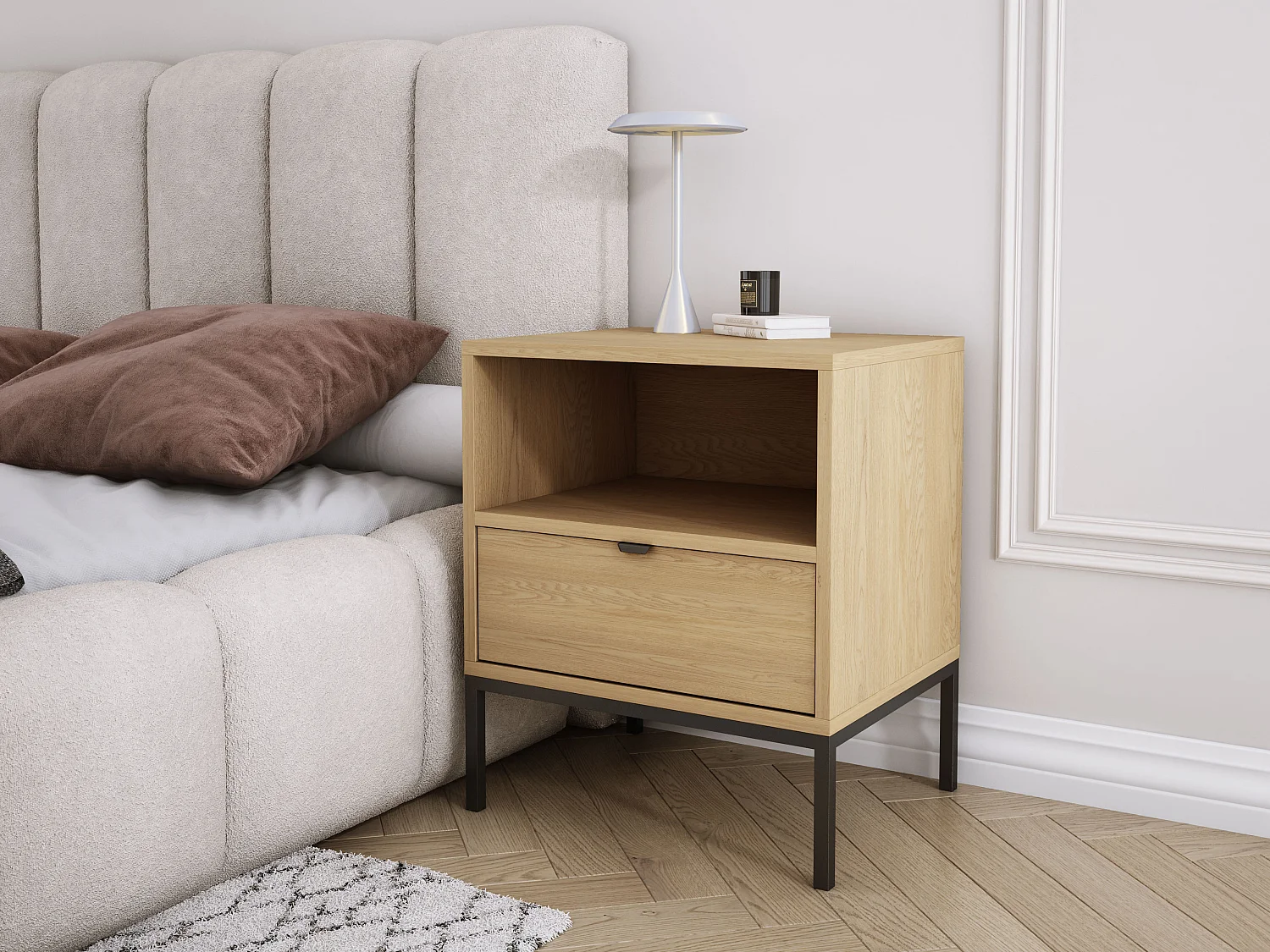 Table de chevet avec tiroir et cadre, poignée dorée, Chêne Cremona, 50 x 40 x 58 cm