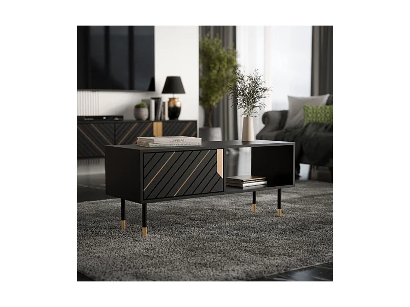 Table basse noir et doré 110 x 60 cm avec rangements Cardona