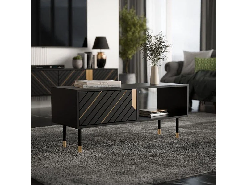 Table basse noir et doré 110 x 60 cm avec rangements Cardona