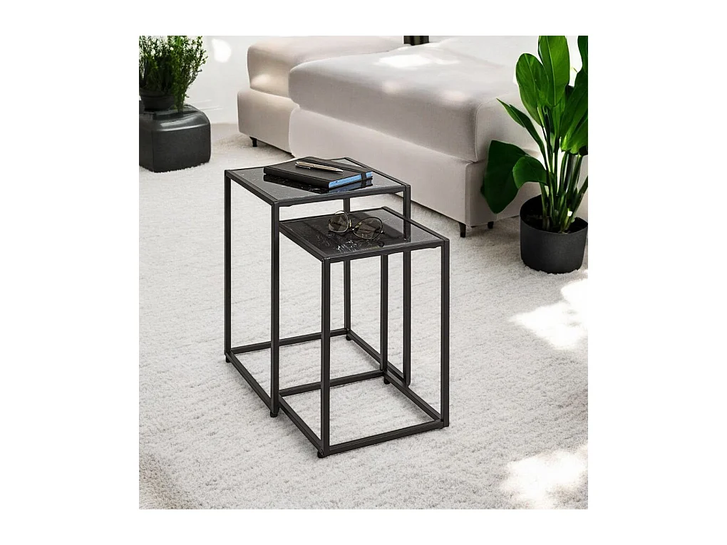Lde 2 tables d'appoint surface imitation marbre Noir et structure en métal Noir