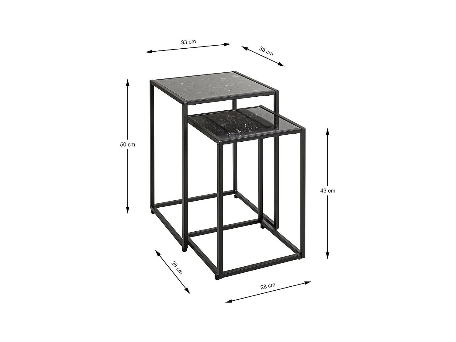 Lde 2 tables d'appoint surface imitation marbre Noir et structure en métal Noir