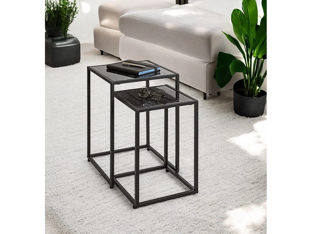 Lde 2 tables d'appoint surface imitation marbre Noir et structure en métal Noir
