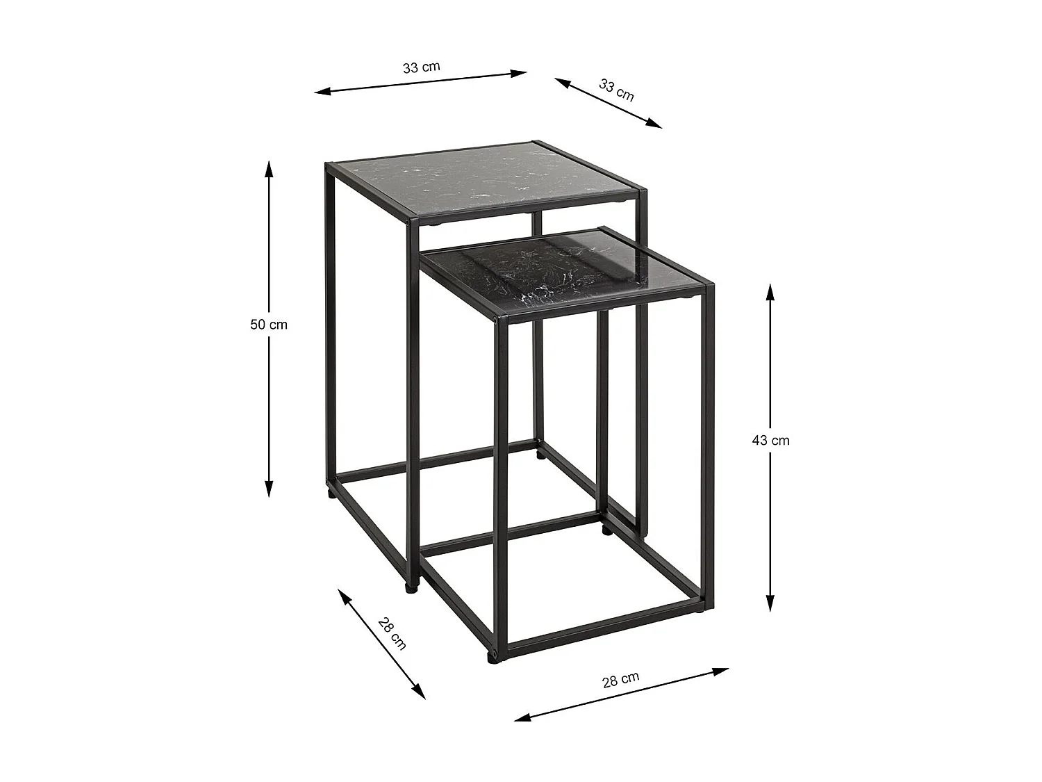 Lde 2 tables d'appoint surface imitation marbre Noir et structure en métal Noir