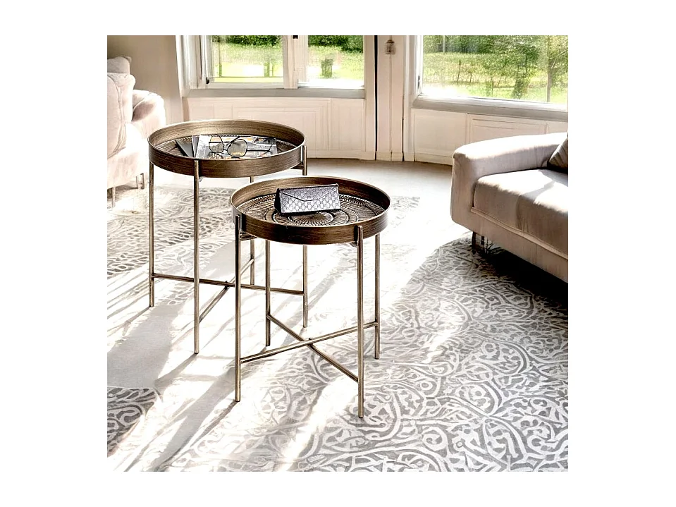 Lot de 2 tables d'appoint avec pieds rabattable en métal noir-cuivré balayé