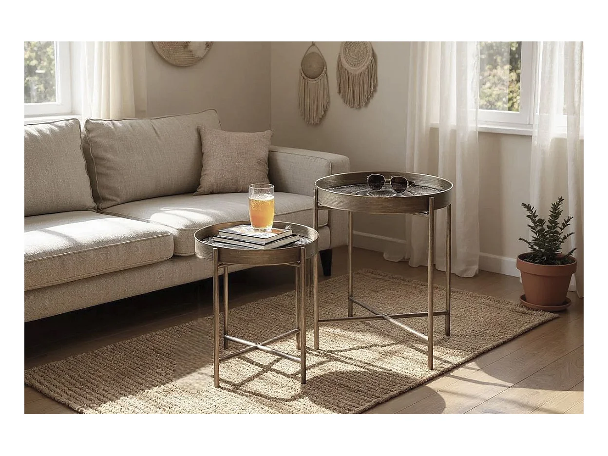 Lot de 2 tables d'appoint avec pieds rabattable en métal noir-cuivré balayé