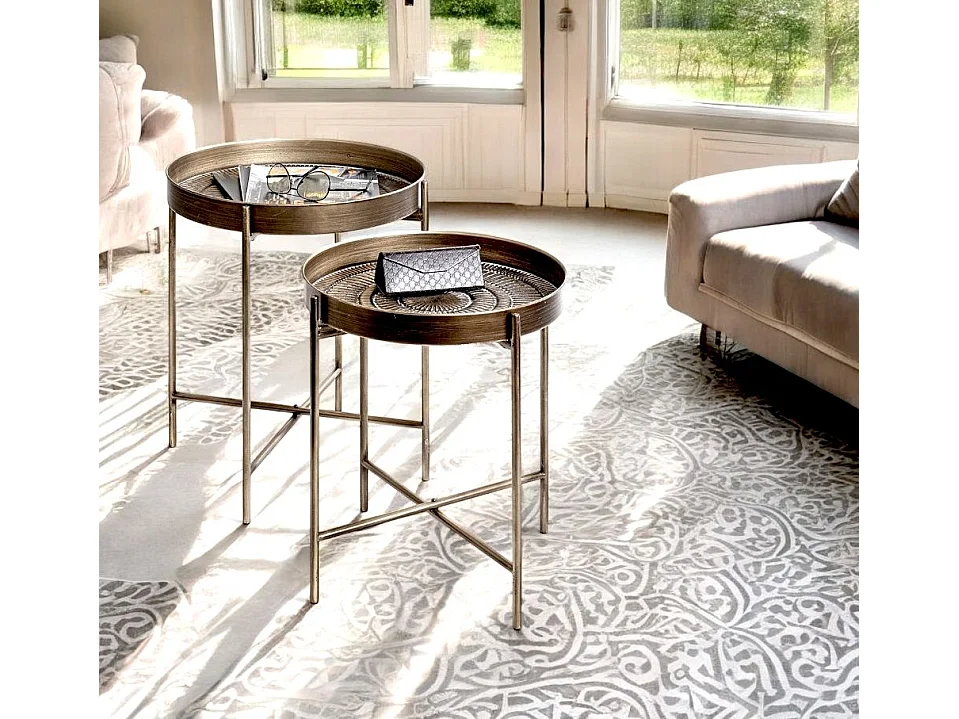 Lot de 2 tables d'appoint avec pieds rabattable en métal noir-cuivré balayé