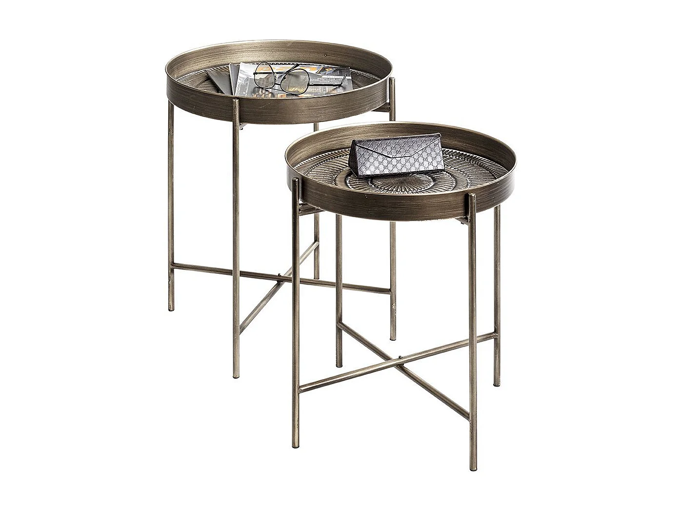 Lot de 2 tables d'appoint avec pieds rabattable en métal noir-cuivré balayé