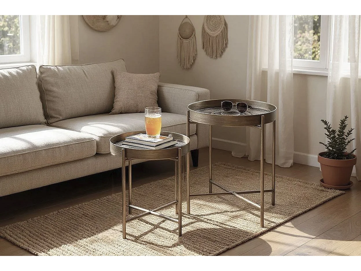 Lot de 2 tables d'appoint avec pieds rabattable en métal noir-cuivré balayé