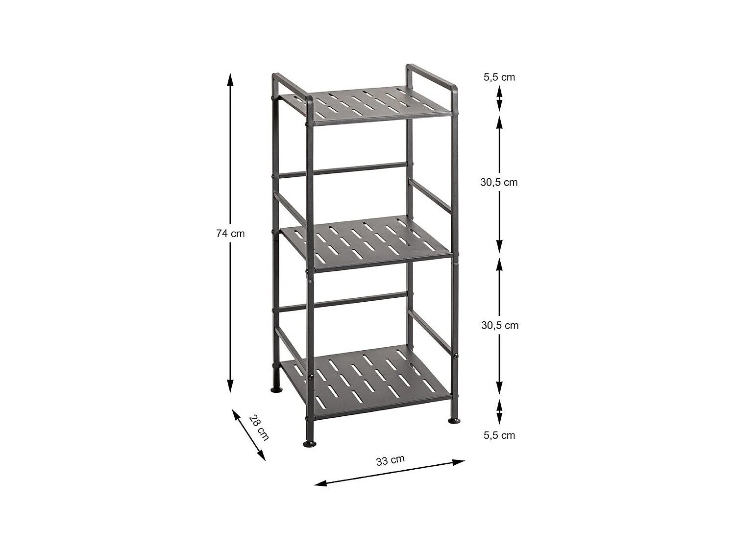 Etagère de 3 niveaux meuble de rangement en métal Gris anthracite - Longueur 33 x Hauteur 74 x Profondeur 28 cm