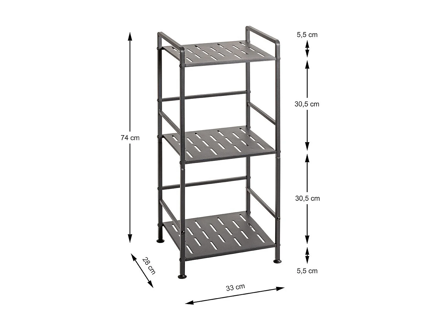 Etagère de 3 niveaux meuble de rangement en métal Gris anthracite - Longueur 33 x Hauteur 74 x Profondeur 28 cm