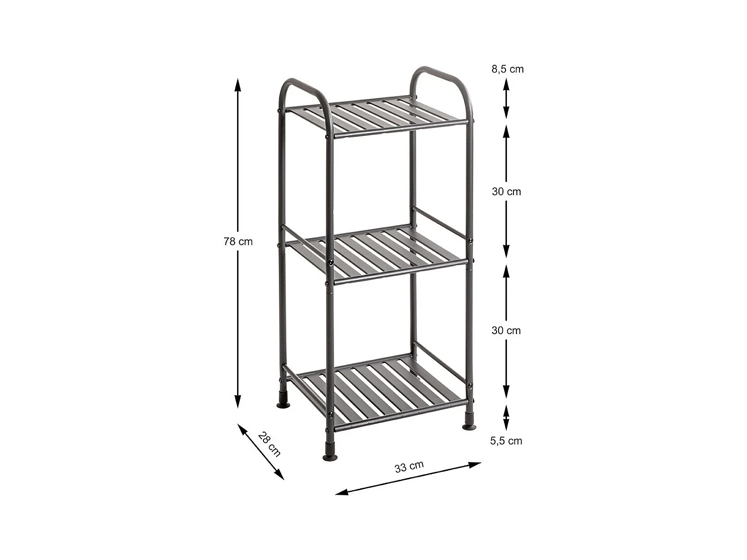 Etagère de 3 niveaux meuble de rangement en métal Gris anthracite - Longueur 33 x Hauteur 78 x Profondeur 28 cm