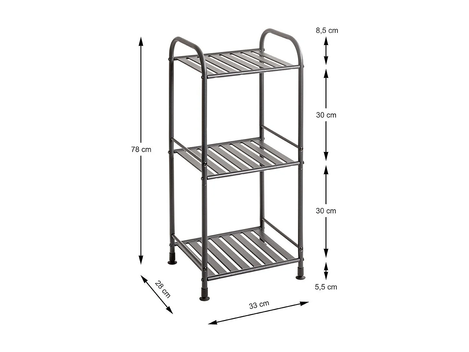 Etagère de 3 niveaux meuble de rangement en métal Gris anthracite - Longueur 33 x Hauteur 78 x Profondeur 28 cm