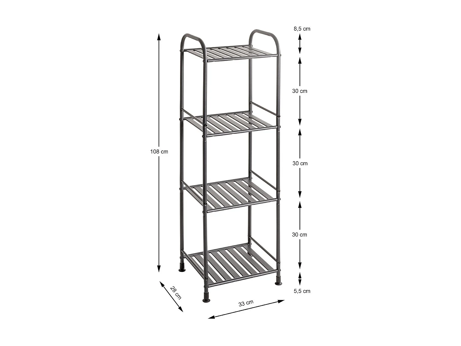 Etagère de 4 niveaux meuble de rangement en métal Gris anthracite - Longueur 33 x Hauteur 108 x Profondeur 28 cm