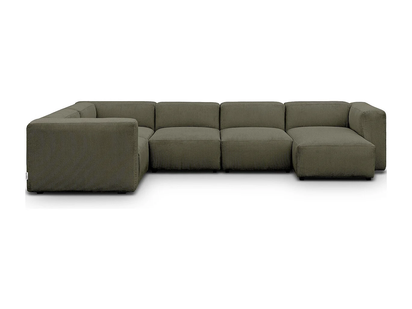 Canapé modulable panoramique 6 places avec méridienne à droite + pouf en velours côtelé vert kaki - Modulo